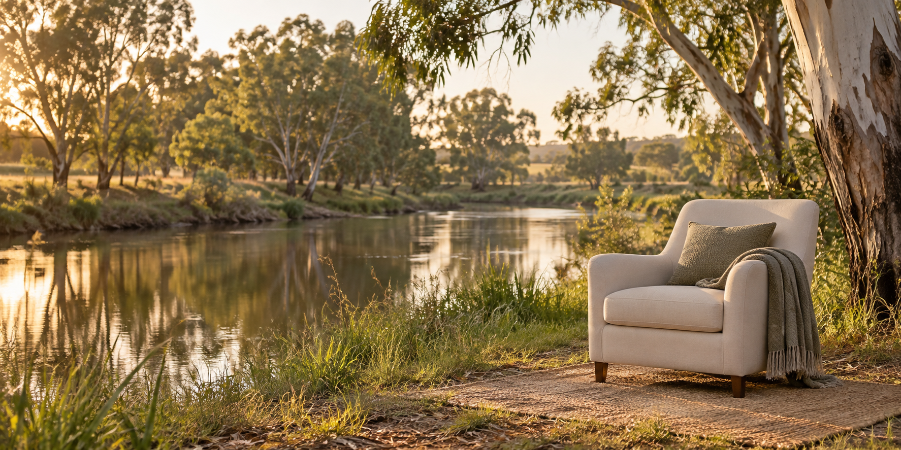 A warm counselling chair beside a peaceful gum-lined creek near Numurkah